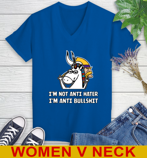 Minnesota Vikings NFL Football Unicorn I'm Not Anti Hater I'm Anti Bullshit Women's V-Neck T-Shirt 11