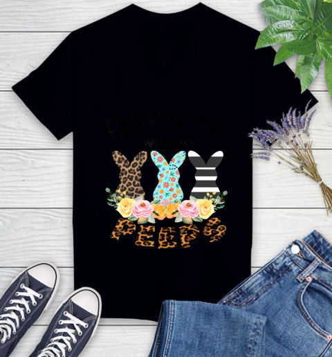 Nurse Shirt Funny Leopard Bunny Hanging With My Peeps Easter T Shirt Women's V-Neck T-Shirt