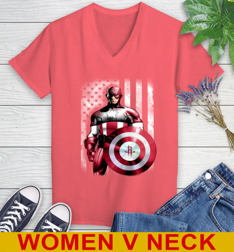 Houston Rockets NBA Basketball Captain America Marvel Avengers American Flag Shirt Women's V-Neck T-Shirt 6