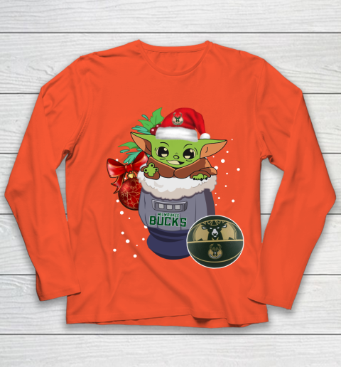 Milwaukee Bucks Christmas Baby Yoda Star Wars Funny Happy NBA Youth Long Sleeve 4