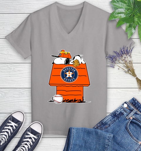 MLB Houston Astros Snoopy Woodstock The Peanuts Movie Baseball T Shirt Women's V-Neck T-Shirt 4