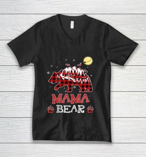 Mama Bear Christmas Pajama Red Plaid Buffalo Family V-Neck T-Shirt