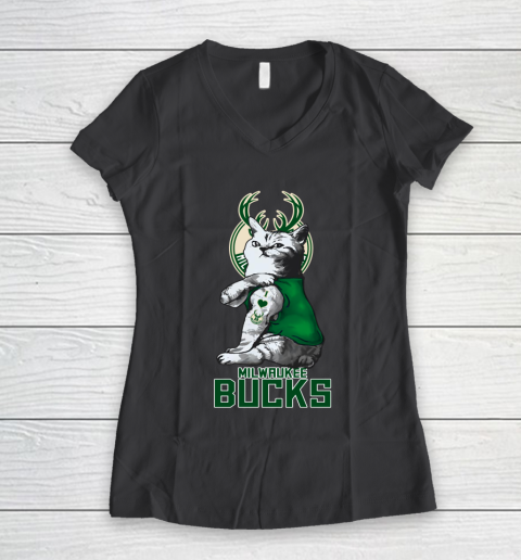 NBA Basketball My Cat Loves Milwaukee Bucks Women's V-Neck T-Shirt 6
