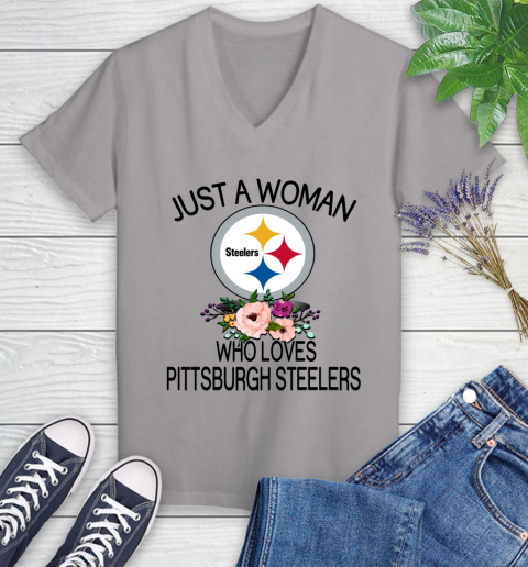 NFL Just A Woman Who Loves Pittsburgh Steelers Football Sports Women's V-Neck T-Shirt 2