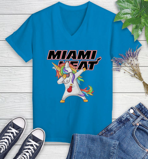 Miami Heat NBA Basketball Funny Unicorn Dabbing Sports Women's V-Neck T-Shirt 7