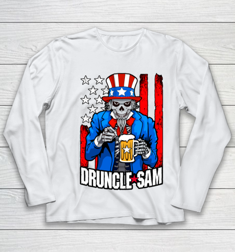 Beer Lover Funny Shirt Druncle Sam Skull Uncle 4th Of July Beer Drinker USA Flag Youth Long Sleeve
