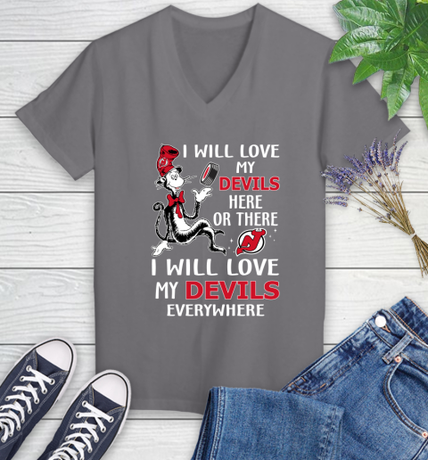 NHL Hockey New Jersey Devils I Will Love My Devils Everywhere Dr Seuss Shirt Women's V-Neck T-Shirt 9