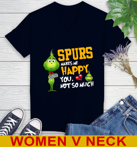 NBA San Antonio Spurs Makes Me Happy You Not So Much Grinch Basketball Sports Women's V-Neck T-Shirt 2