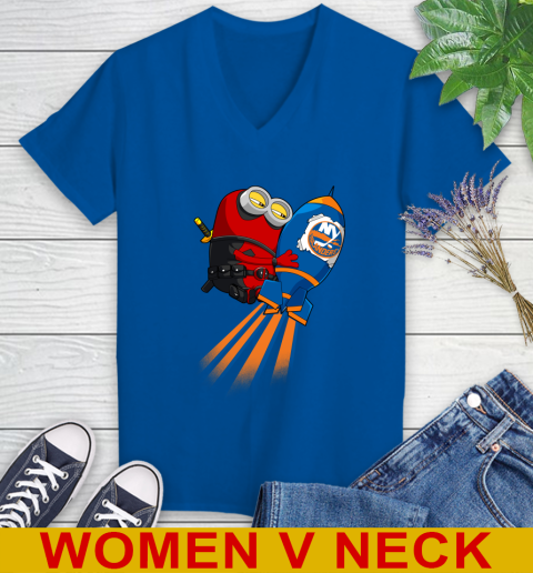 NHL Hockey New York Islanders Deadpool Minion Marvel Shirt Women's V-Neck T-Shirt 9