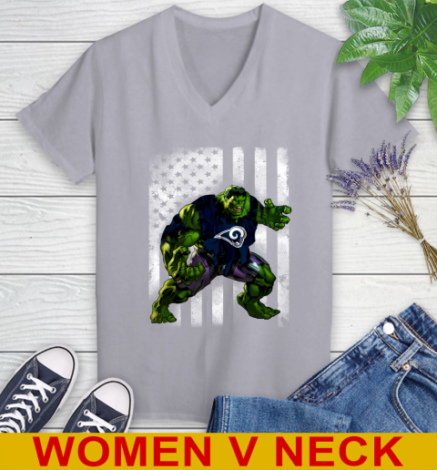 Los Angeles Rams Hulk Marvel Avengers NFL Football American Flag Women's V-Neck T-Shirt 4