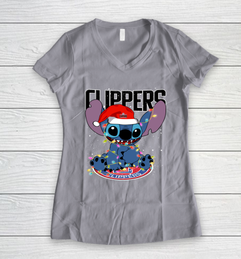 LA Clippers NBA noel stitch Basketball Christmas Women's V-Neck T-Shirt 2