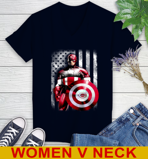 Cincinnati Reds MLB Baseball Captain America Marvel Avengers American Flag Shirt Women's V-Neck T-Shirt 2