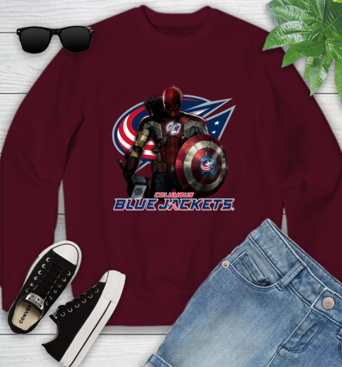 NHL Captain America Thor Spider Man Hawkeye Avengers Endgame Hockey Columbus Blue Jackets Youth Sweatshirt 5