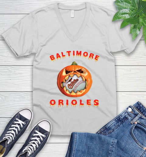 MLB Baltimore Orioles Halloween Pumpkin Baseball Sports V-Neck T-Shirt