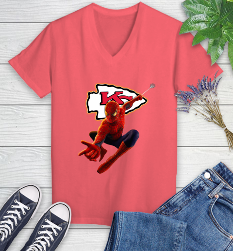 NFL Spider Man Avengers Endgame Football Kansas City Chiefs Women's V-Neck T-Shirt 6