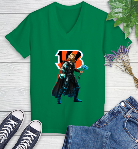 NFL Thor Avengers Endgame Football Cincinnati Bengals Women's V-Neck T-Shirt 5