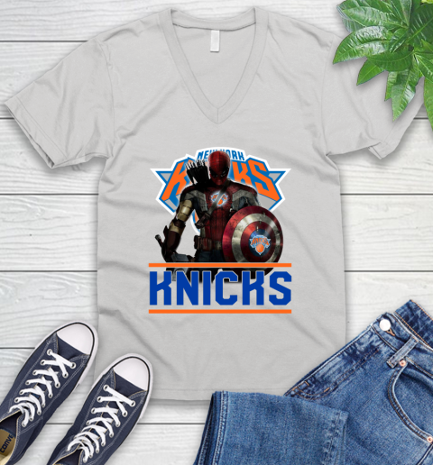 New York Knicks NBA Basketball Captain America Thor Spider Man Hawkeye Avengers V-Neck T-Shirt