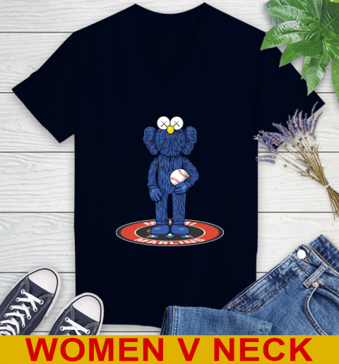 MLB Baseball Miami Marlins Kaws Bff Blue Figure Shirt Women's V-Neck T-Shirt 3