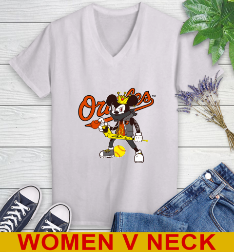 Baltimore Orioles MLB Baseball Mickey Peace Sign Sports Women's V-Neck T-Shirt