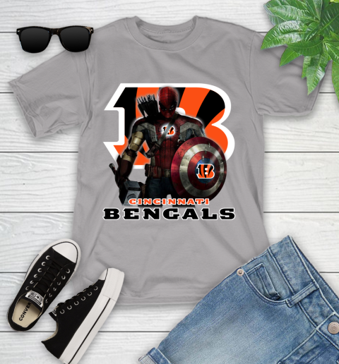 NFL Captain America Thor Spider Man Hawkeye Avengers Endgame Football Cincinnati Bengals Youth T-Shirt 4