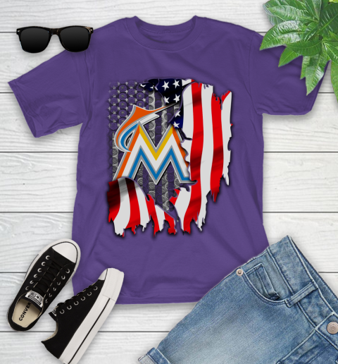 Miami Marlins MLB Baseball American Flag Youth T-Shirt 3