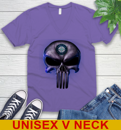 Seattle Mariners MLB Baseball Punisher Skull Sports V-Neck T-Shirt 8