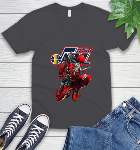 NBA Deadpool Marvel Comics Sports Basketball Utah Jazz V-Neck T-Shirt 5