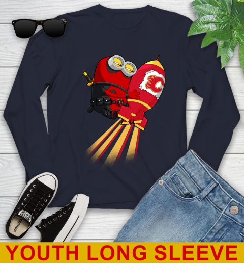 NHL Hockey Calgary Flames Deadpool Minion Marvel Shirt Youth Long Sleeve 2