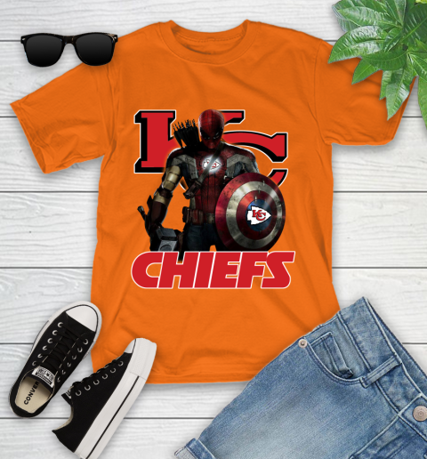 NFL Captain America Thor Spider Man Hawkeye Avengers Endgame Football Kansas City Chiefs Youth T-Shirt 7
