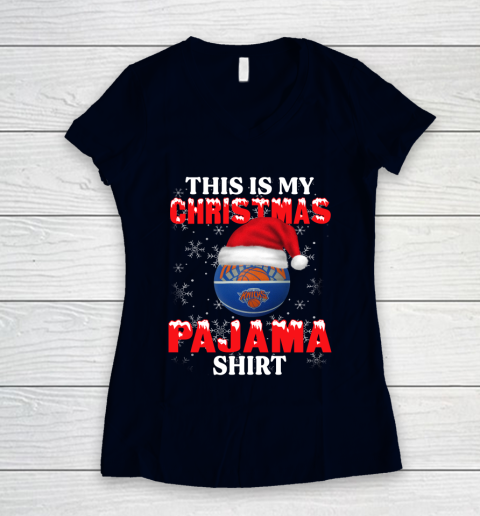 New York Knicks This Is My Christmas Pajama Shirt NBA Women's V-Neck T-Shirt 2