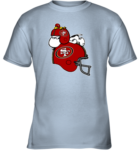 t8tt snoopy and woodstock resting on san francisco 49ers helmet youth t shirt 26 front light blue