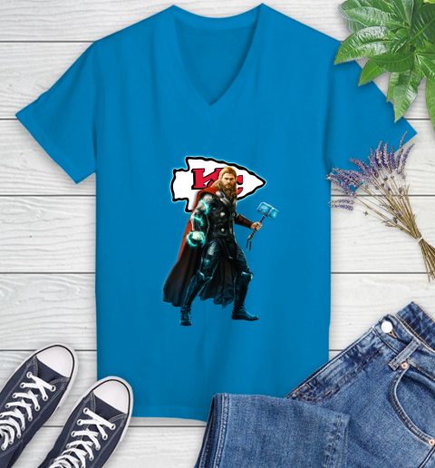 NFL Thor Avengers Endgame Football Kansas City Chiefs Women's V-Neck T-Shirt 7