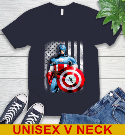 Chicago White Sox MLB Baseball Captain America Marvel Avengers American Flag Shirt V-Neck T-Shirt 2