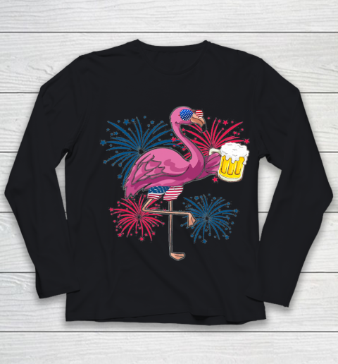 Beer Lover Funny Shirt Flamingo Cheer Beer American Flag Fireworks Independence Day Youth Long Sleeve