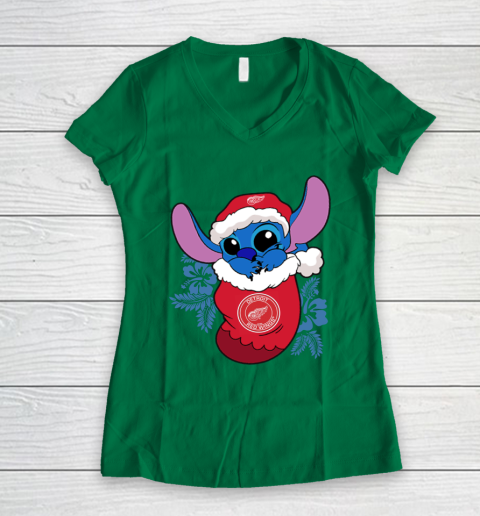 Detroit Red Wings Christmas Stitch In The Sock Funny Disney NHL Women's V-Neck T-Shirt 5