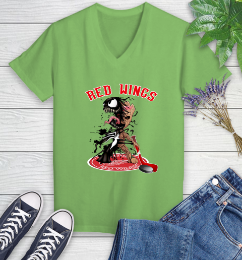 NHL Detroit Red Wings Hockey Venom Groot Guardians Of The Galaxy Women's V-Neck T-Shirt 11
