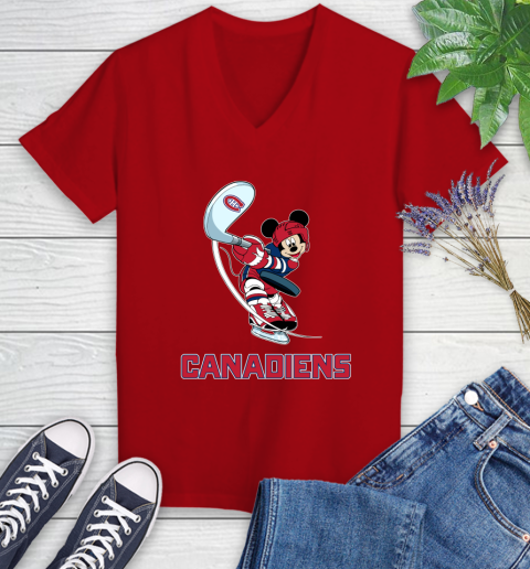 NHL Hockey Montreal Canadiens Cheerful Mickey Mouse Shirt Women's V-Neck T-Shirt - Image 11