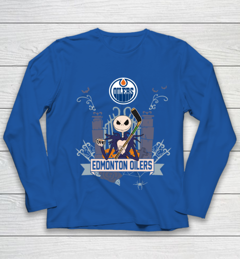 NHL Edmonton Oilers Hockey Jack Skellington Halloween Youth Long Sleeve 7