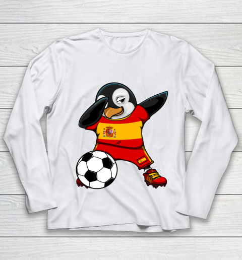 Dabbing Penguin Spain Soccer Fans Jersey Flag Football Lovers Youth Long Sleeve