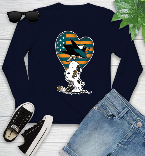 San Jose Sharks NHL Hockey The Peanuts Movie Adorable Snoopy Youth Long Sleeve 3