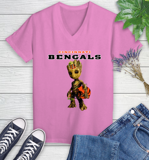 Cincinnati Bengals NFL Football Groot Marvel Guardians Of The Galaxy Women's V-Neck T-Shirt 14