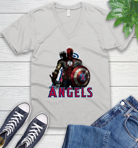 MLB Captain America Thor Spider Man Hawkeye Avengers Endgame Baseball Los Angeles Angels V-Neck T-Shirt