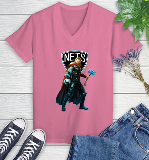 NBA Thor Avengers Endgame Basketball Brooklyn Nets Women's V-Neck T-Shirt 13