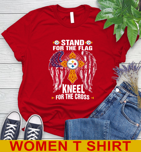 NFL Football Pittsburgh Steelers Stand For Flag Kneel For The Cross Shirt Women's T-Shirt - Image 12