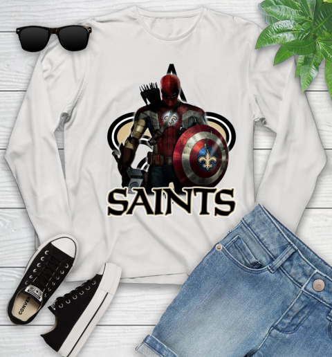 NFL Captain America Thor Spider Man Hawkeye Avengers Endgame Football New Orleans Saints Youth Long Sleeve