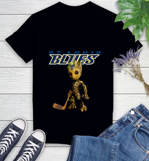 St.Louis Blues NHL Hockey Groot Marvel Guardians Of The Galaxy Women's V-Neck T-Shirt 2