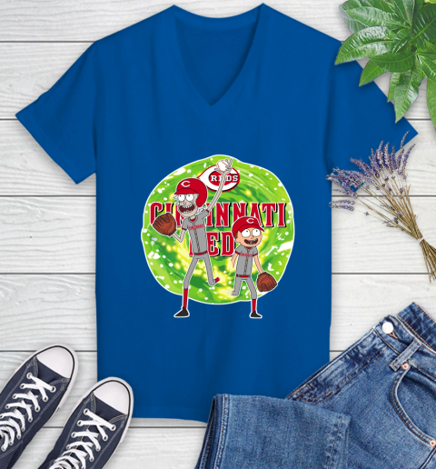 MLB Cincinnati Reds Rick And Morty Baseball Sports Women's V-Neck T-Shirt 10