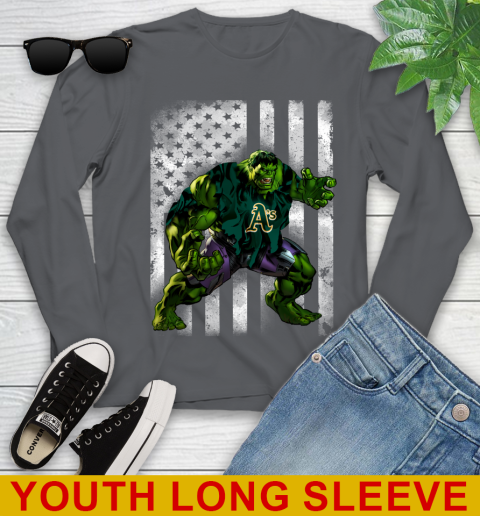 Oakland Athletics Hulk Marvel Avengers MLB Baseball American Flag Youth Long Sleeve 9