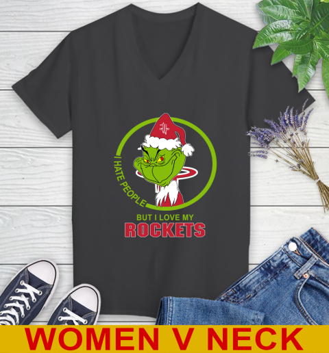Houston Rockets NBA Christmas Grinch I Hate People But I Love My Favorite Basketball Team Women's V-Neck T-Shirt 9