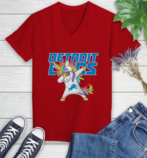 Detroit Lions NFL Football Funny Unicorn Dabbing Sports Women's V-Neck T-Shirt 12